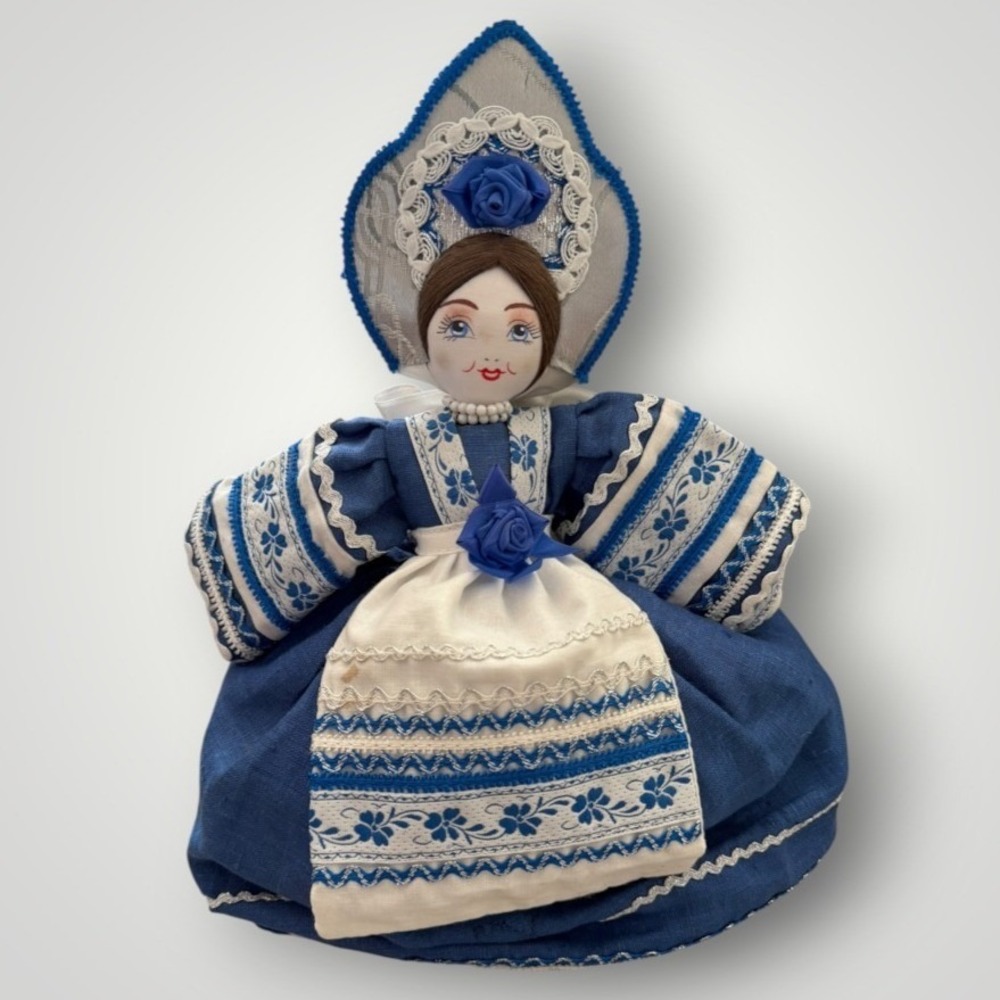 Russian Tea Cozy Doll Traditional Folk Dress Kokoshnik Vintage Blue Floral 13in